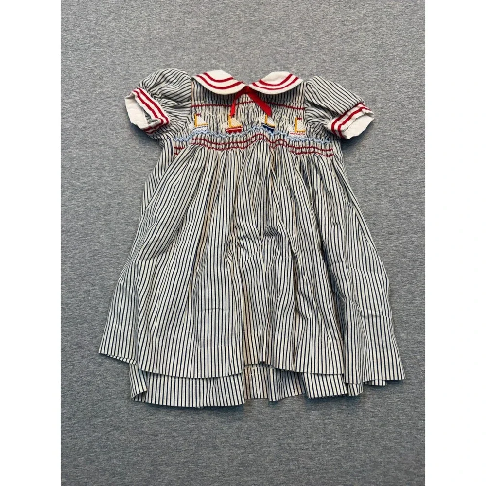 Vintage 1980s Girls Sailor Dress Smocked Nautical Striped Handmade Approx 4T